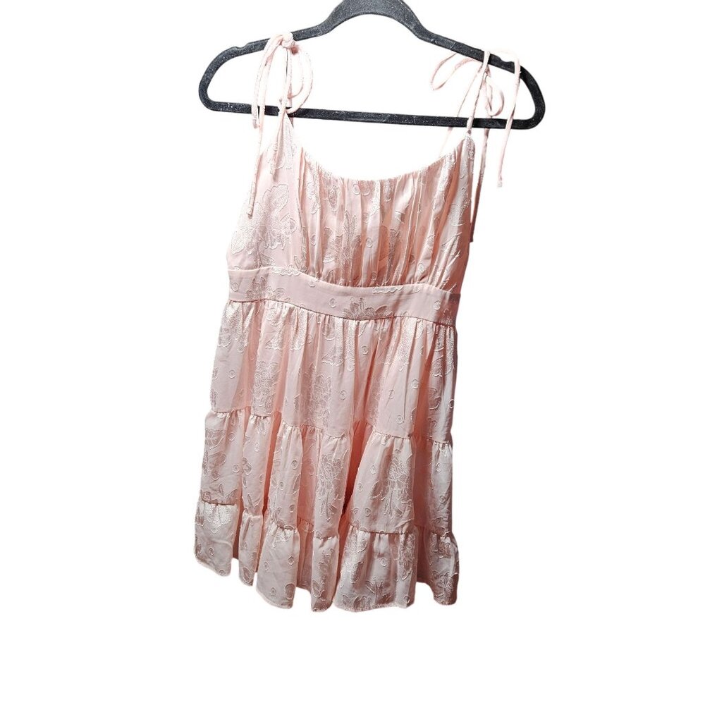 Pink Floral Lace Tiered Sundress With Adjustable Tie Straps & Back Zip Closure L